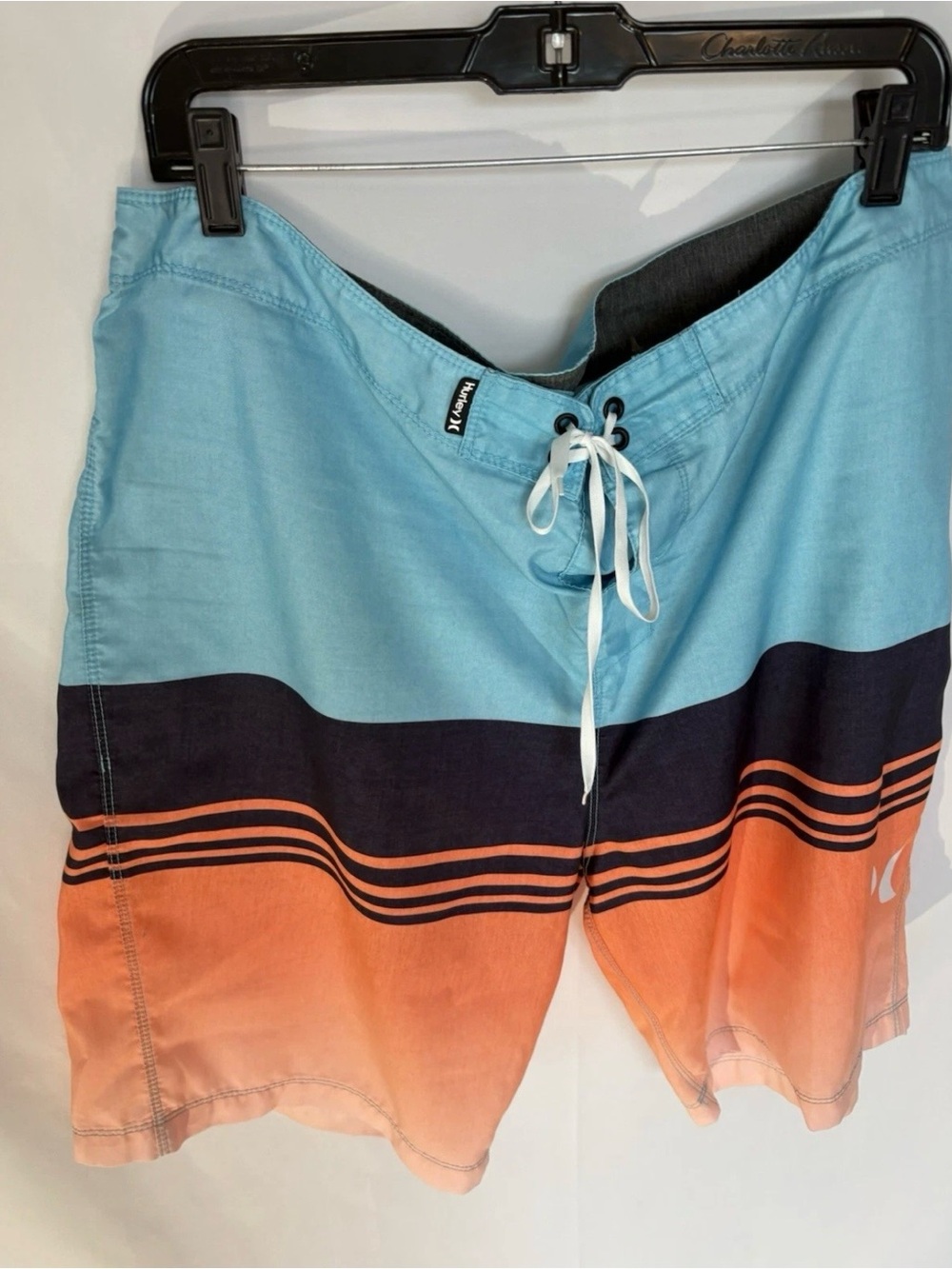 Hurley Men's Swim Trunks Striped Blue Orange Lace Up Tie Waist Back Pocket Sz 38